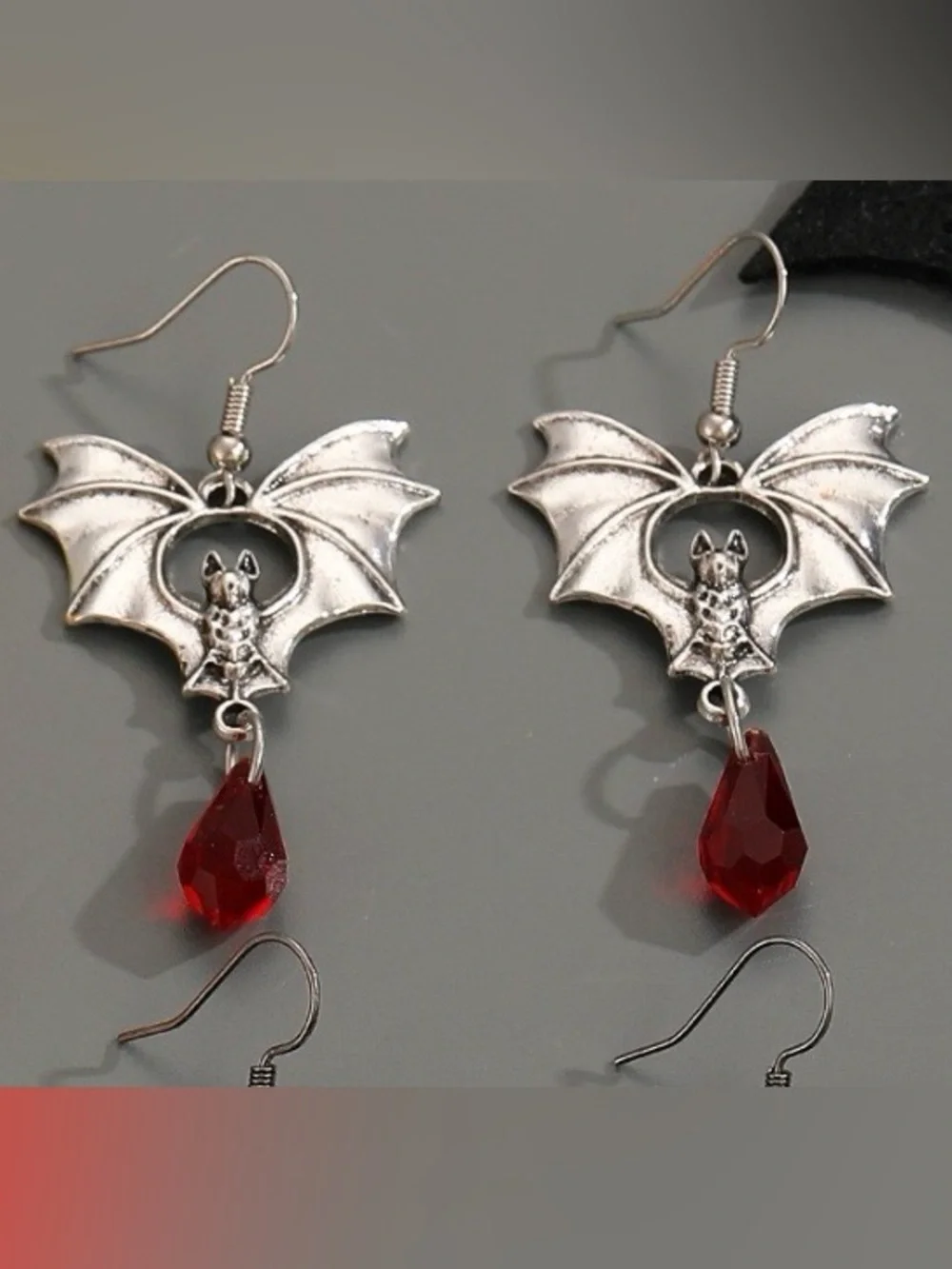 Red Crystal Silver Tone Bat Dangle Earrings Halloween Gothic Vampire Jewelry NEW